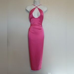 PrettyLittleThing Hot Pink Halter Satin Open Back Long Slip Dress Size Small (2)